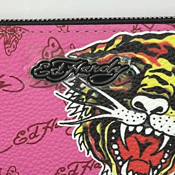 Ed Hardy Zip Around Wallet Wristlet Pink Tiger Vegan Leather Card Slot Pockets - Picture 12 of 14